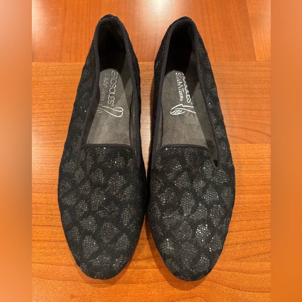 Aerosoles Betunia Slip-On Sparkly Black Leopard Print Loafers, women’s size 8